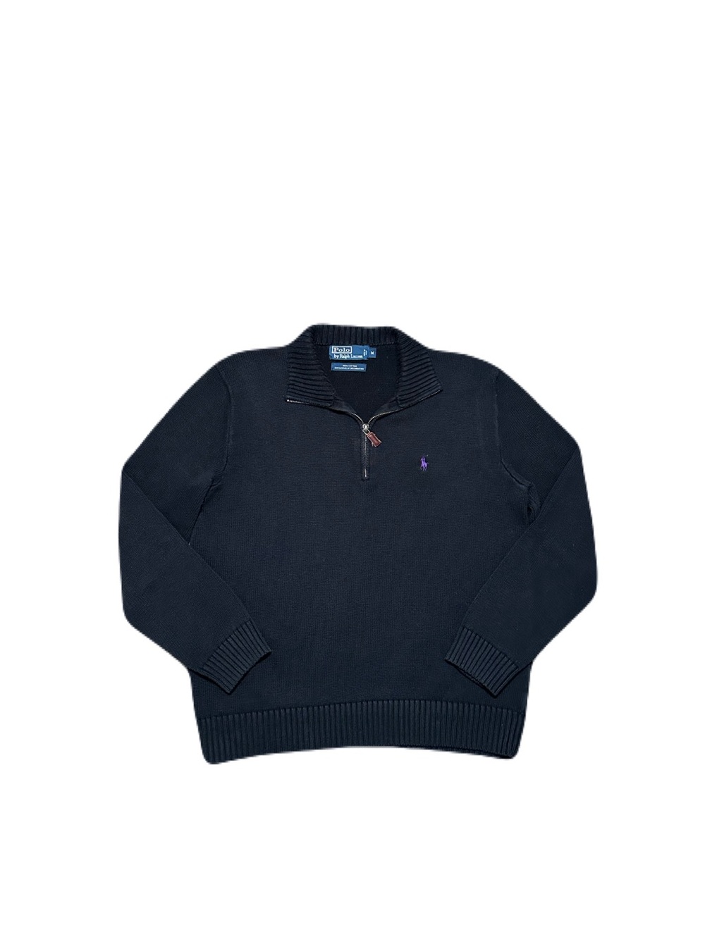 Polo Ralph Lauren Knit Quarter Zip Sweater Mens Size M Black Cotton Purple Pony
